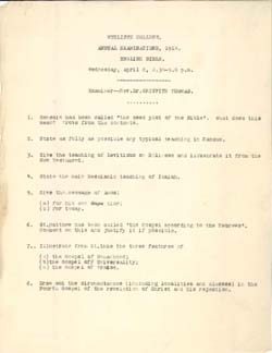 Annual examination given by Griffith Thomas in 1914 at Wycliffe College. Click for enlarged image.